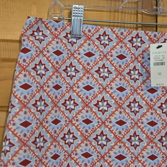 TALBOTS Skirt 10 Medallion Border Print Stretch Cotton Pink Red Blue NEW - Picture 5 of 15